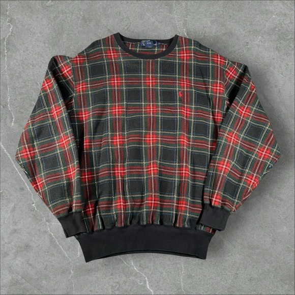 Vintage Polo By Ralph Lauren Sweatshirt Men Large Red Tartan Plaid Patchwork 90s - Picture 1 of 6